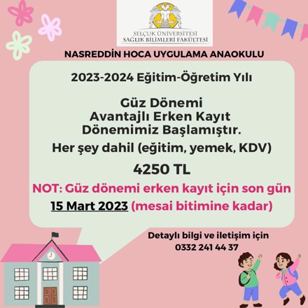 Nasreddin Hoca Uygulama Anaokulunun Avantajlı Erken Kayıt Dönemi Başlamıştır.